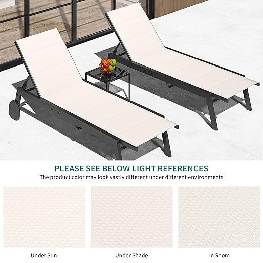 YITAHOME Patio Chaise Lounge Set of 3, Outdoor Lounge Chairs with Side Table, Padded Fabric, and Wheels, Adjustable Backrest Poolside Loungers for Pool Beach Patio Porch - Beige