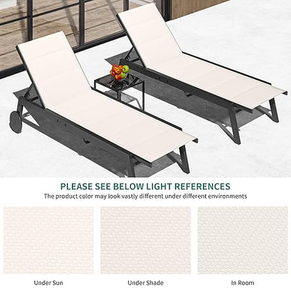 YITAHOME Patio Chaise Lounge Set of 3, Outdoor Lounge Chairs with Side Table, Padded Fabric, and Wheels, Adjustable Backrest Poolside Loungers for Pool Beach Patio Porch - Beige