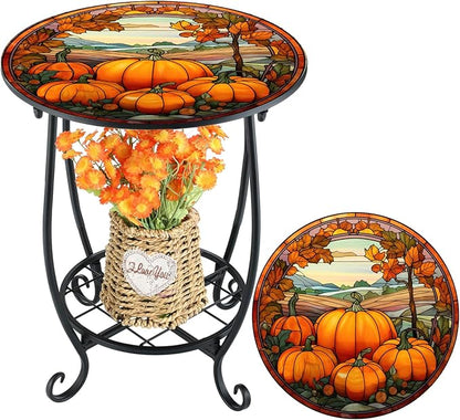 Outdoor Side Table Round Small Mosaic Patio Accent Indoor End Plant Coffee Tea Table for Yard Patio Porch Garden Living Room, Bedroom(Pumpkin Style,14 Inch)