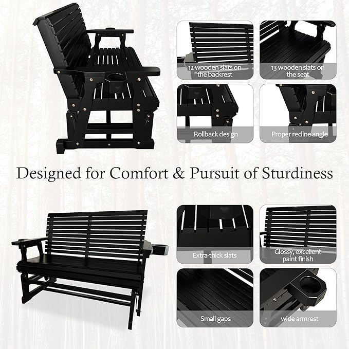 Fortune Candy Patio Glider with Cup Holders, High Roll Back and Deep Contoured Seat,Heavy Duty 800 Lb (Black, 2-Seater) - Photo 5