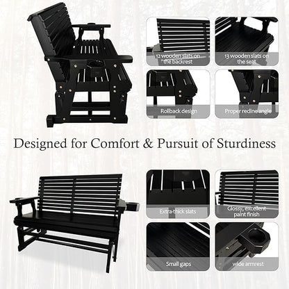 Fortune Candy Patio Glider with Cup Holders, High Roll Back and Deep Contoured Seat,Heavy Duty 800 Lb (Black, 2-Seater)