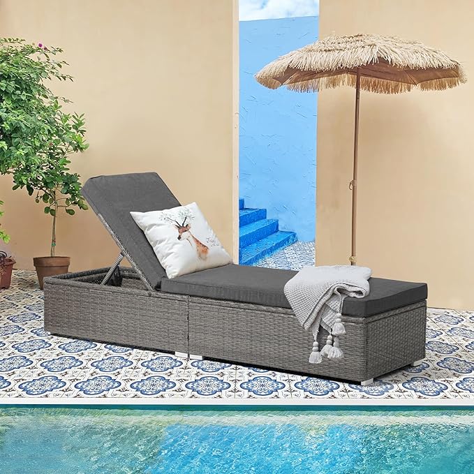 Patiorama Outdoor Patio Chaise Lounge Chair, Elegant Reclining Adjustable Pool Rattan Chaise Lounge Chair with Cushion, Grey PE Wicker, Steel Frame, for Deck, Poolside, Backyard (Dark Grey)