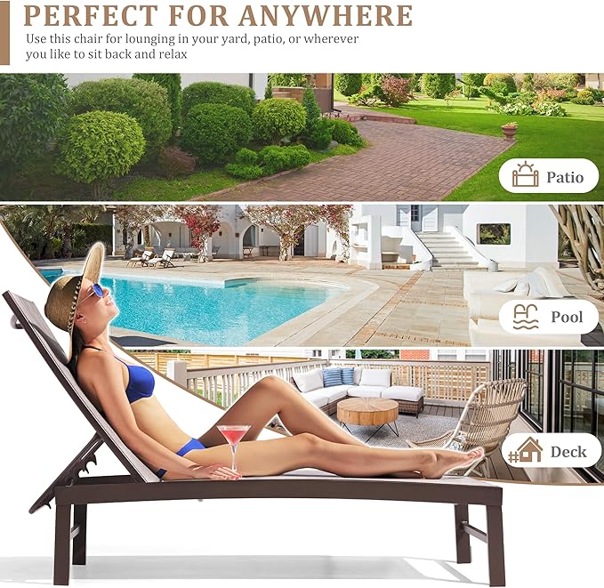 Patio Aluminum Chaise Lounge Chair, Outdoor Recliner Lounge Chair Sun Loungers, All Weather Chaise with 5 Adjustable Backrest and Lay Flat Positions for Garden, Balcony, Pool