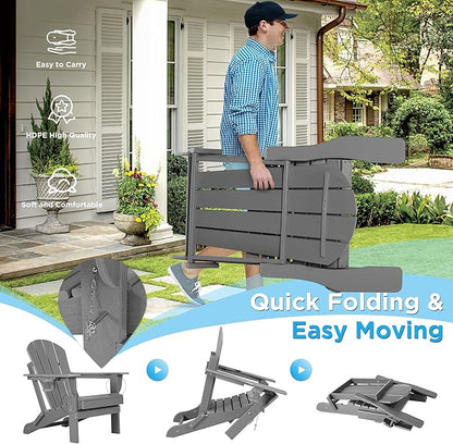 nalone Folding Adirondack Chairs Set of 2 with Cushion with Cup Holder, HDPE Plastic Oversized Patio Chair Weather Resistant, Used in Outdoor, Fire Pit, Deck, Garden, Campfire Chairs (Grey)