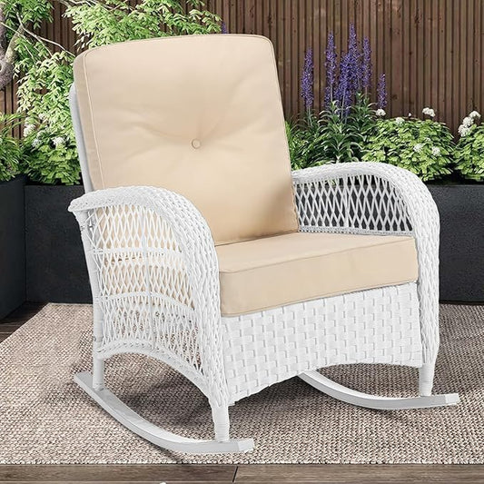 MEETWARM Outdoor Wicker Rocking Chair, Rattan Patio Rocker Chairs with Cushions and High Back, All-Weather Patio Wicker Chair with Safe Rocking Design for Garden Backyard Porch, White/Beige