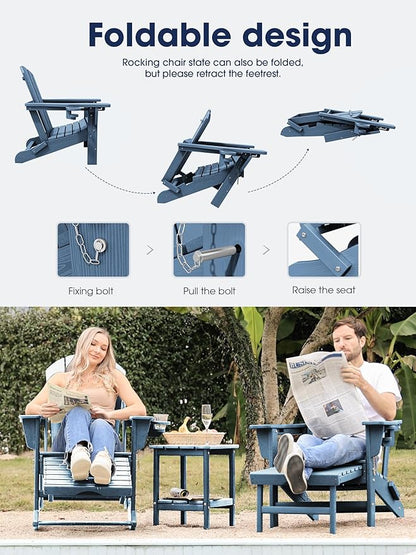 KINGYES Adirondack Rocking Chair Set of 4 with Retractable Ottoman and Cup Holders, HDPE Adirondack Rocker Patio Rocking Chair for Porch, Patio, Balcony, Deep Blue