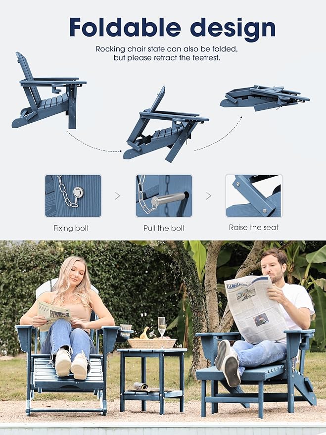 KINGYES Adirondack Rocking Chair with Retractable Ottoman and Cup Holders, HDPE Adirondack Rocker Patio Rocking Chair for Porch, Patio, Balcony, Deep Blue