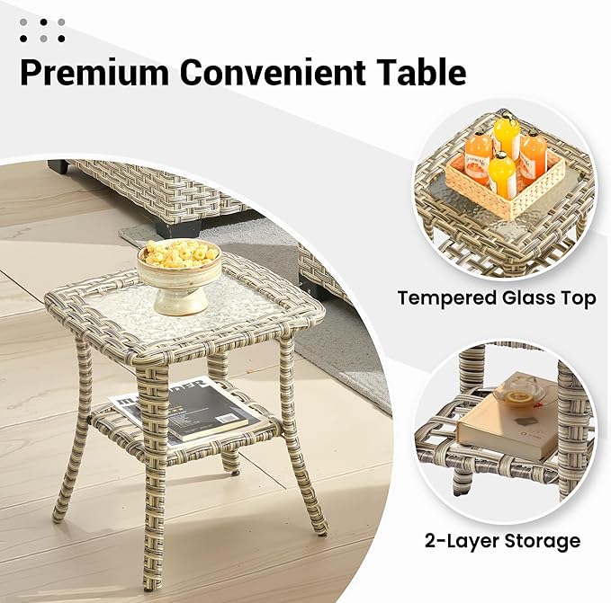 ovios Outdoor Side Table with Tempered Glass Top, Patio Wicker Rattan Bistro Coffee Tables with 2 Tiers Storage for Porch Deck Balcony Garden Poolside, Mixed Brown