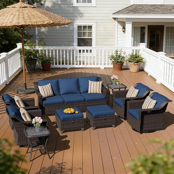 9 Pieces Patio Conversation Furniture Set - 1 Sofa, 2 Ottomans, 4 Swivel Chairs, 2 Side Tables - Photo 1