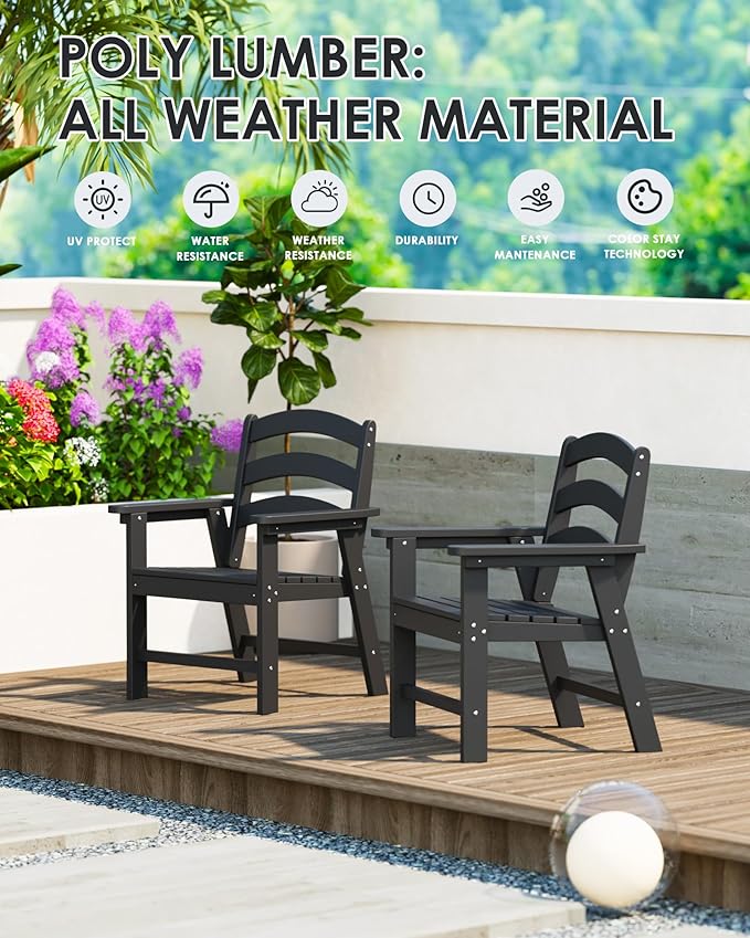 Patio Dining Chair, HDPE Outdoor Chairs with 385 lbs Weight Capacity, All Weather Fire Pit Chair for Porch, Pool, Deck, Backyard, Garden - Black