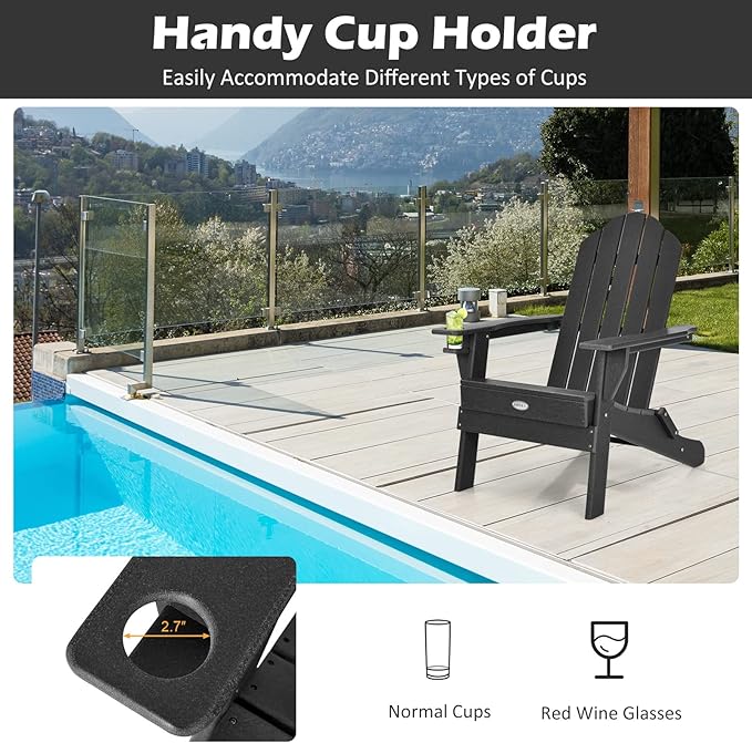 Tangkula Outdoor Folding Adirondack Chair, HDPE Armchairs with Cup Holder, Weather Resistant Lounger Chair for Patio Garden Fire Pit Backyard, Lawn Porch Seating, Adirondack Lounger (1, Black)
