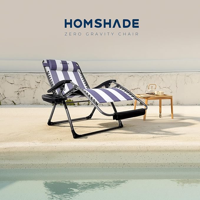 HOMSHADE XXL Zero Gravity Chair with Cushion, 33In Oversized Zero Gravity Lounge Chair, Patio Outdoor Recliner Chair for Indoor Outdoor with Headrest, Cup Holder, Footrest Support 500Lbs, Blue & White