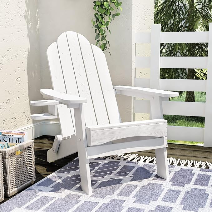 LUE BONA Folding Adirondack Chair, Cup Holder, Woodgrain, Fire Pit, Patio, Pool, White - Photo 1