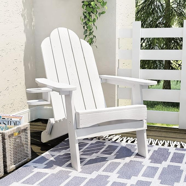 LUE BONA Folding Adirondack Chair, Cup Holder, Woodgrain, Fire Pit, Patio, Pool, White - Photo 1