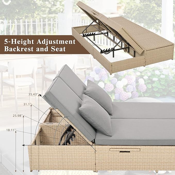 Patio Rattan Sunbed, All Weather Outdoor Wicker Double Daybed with Adjustable Backrest and Cup Tray - Photo 3