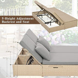 Patio Rattan Sunbed, All Weather Outdoor Wicker Double Daybed with Adjustable Backrest and Cup Tray - Photo 3