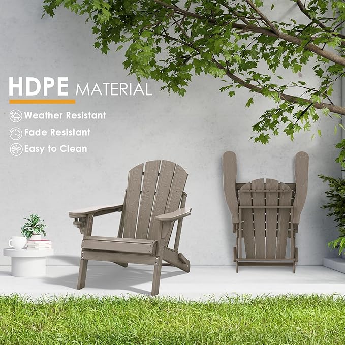 IVY&LANE Folding-Adirondack-Chair-Set-of-4 | HDPE Plastic | Wood Grain | Outdoor Fire Pit Chair with Cup Holder | Poly | Weather Resistant | for Patio Deck Poolside Garden Beach