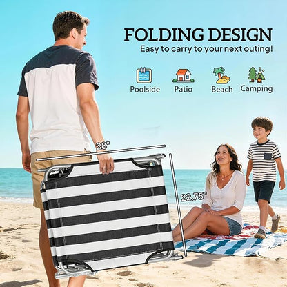 Outsunny Outdoor Lounge Chair, Adjustable Folding Chaise Lounge, Tanning Chair with Sun Shade for Beach, Camping, Hiking, Backyard, Black and White