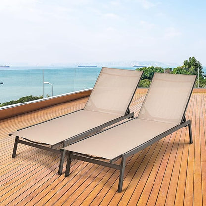 Giantex Chaise Lounge Chair Patio Chaise Lounger with 6-Position Adjustable Backrest and Breathable Fabric, Outdoor Recliner for Patio, Poolside, Backyard and Garden (2, Beige)