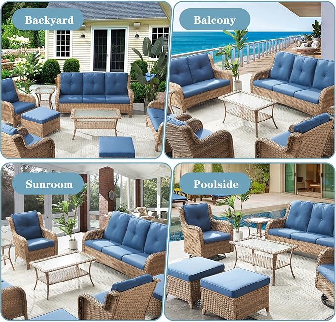 Wicker Outdoor Coffee Table - 46 Inch Tempered Glass Top Patio Coffee Table Can Storage 2 Ottomans, Rattan Outdoor Table Rectangle for Patio for Porch, Balcony, Deck and Garden - Light Gray