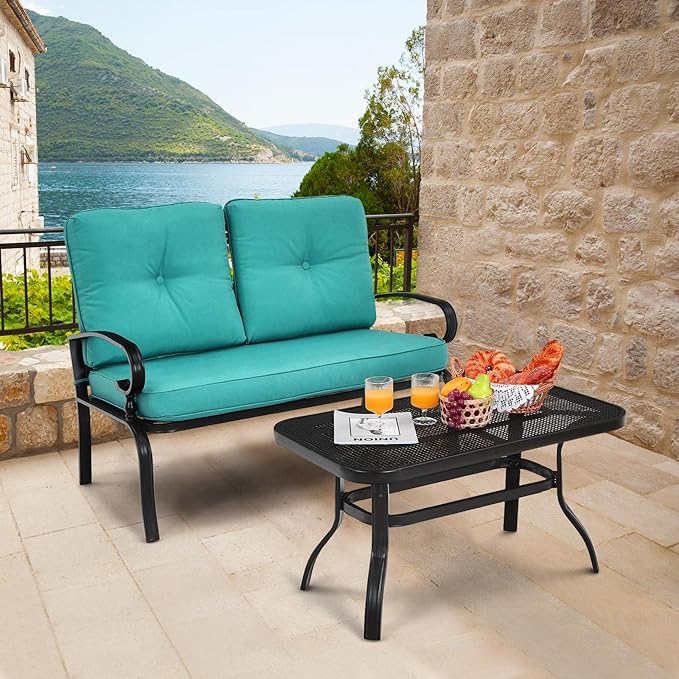 RELAX4LIFE Patio Loveseat with Coffee Table - 2-Piece Patio Conversation Sofa Set w/Backrest & Cushions, Modern Outdoor Glider Bench for Garden, Backyard, Poolside, Metal Porch Furniture (Turquoise)
