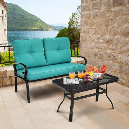 RELAX4LIFE Patio Loveseat with Coffee Table - 2-Piece Patio Conversation Sofa Set w/Backrest & Cushions, Modern Outdoor Glider Bench for Garden, Backyard, Poolside, Metal Porch Furniture (Turquoise)