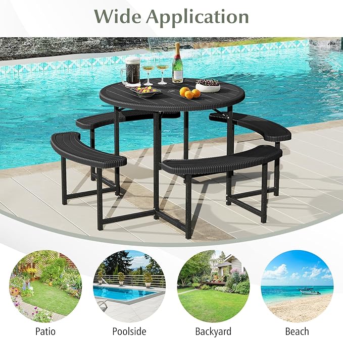 Giantex Picnic Table Bench Set for 4-8 Person, Round 37” Outdoor Dining Table w/Umbrella Hole, HDPE Tabletop - Photo 9
