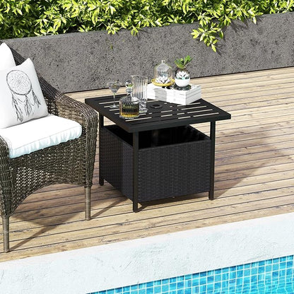 Giantex Outdoor Side Table with Umbrella Hole, 22" Wicker Umbrella Stand Holder and Base, Weather-Resistant PE Rattan Patio End Table for Deck Garden Poolside (Metal Tabletop, Black)