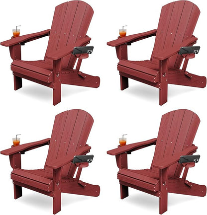 KINGYES Folding Adirondack Chair Set of 4, Dual Cup Holders & All-Weather HDPE, Wood-Like Patio Chair for Backyard, Camping, Pool & Fire Pit, Dark Red