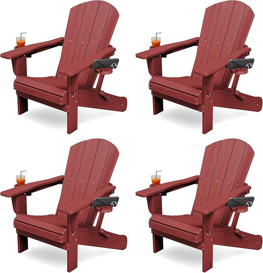 KINGYES Folding Adirondack Chair Set of 4, Dual Cup Holders & All-Weather HDPE, Wood-Like Patio Chair for Backyard, Camping, Pool & Fire Pit, Dark Red