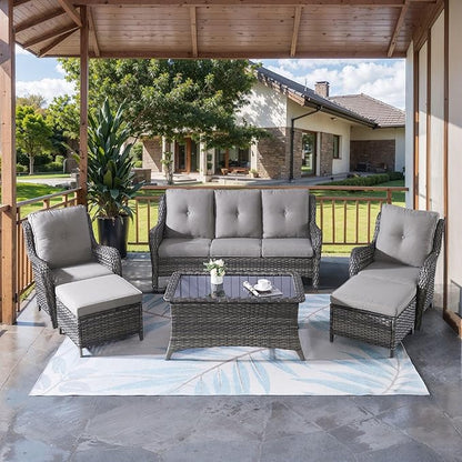 HUMMUH Outdoor Furniture 6 Pieces Patio Furniture Set Wicker Outdoor Sectional Sofa with 2 Patio Chairs,Ottomans,Coffee Table(Grey/Grey)