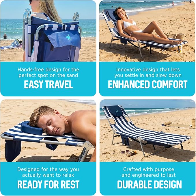 Ostrich the Backpack Chaise Lounge, Folding & Reclining Outdoor Beach Chaise Lounger Chair for Lawn, Pool, Patio, Garden, and Yard, Blue Stripe