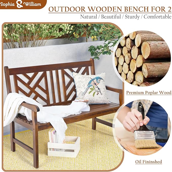 Sophia & William Outdoor Patio Poplar Wood Bench Walnut, PU Painting Wooden Bench with Backrest and Armrests for Porch, Pool, Garden, Lawn, Balcony, Backyard and Indoor, Load Capacity: 600 lbs, 1 Pack