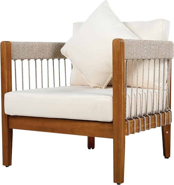 Christopher Knight Home Vinny Acacia Wood Patio Accent Chair, Wooden Lounge Chair Outdoor, Garden/Poolside Comfy Reading Chair with Handwoven Rope Accents and Removable Cushions, Natural+Beige