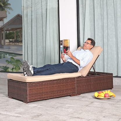 Patiorama Outdoor Patio Chaise Lounge Chair, Elegant Reclining Adjustable Pool Rattan Chaise Lounge Chair with Cushion, Brown PE Wicker, Steel Frame, Beige, Set of 4