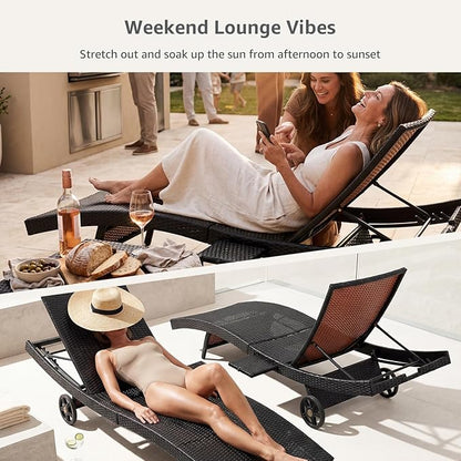 Set of 2 Dark Brown Outdoor Chaise Lounge Chairs, Wicker Patio Lounge Chairs with Adjustable Backrest and Wheels, Durable PE Rattan Pool Chair for Patio, Poolside and Garden