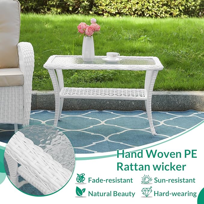VIVIJASON Outdoor Wicker Coffee Table, All-Weather Rattan Patio Coffee Table with 2-Tier Storage, Tempered Glass Top Rectangle Center Table for Deck, Garden, Balcony, Porch, Indoor or Outdoor Use