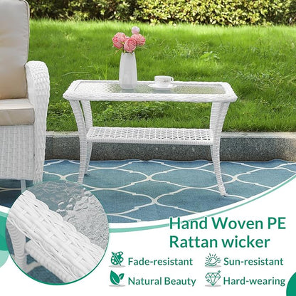 VIVIJASON Outdoor Wicker Coffee Table, All-Weather Rattan Patio Coffee Table with 2-Tier Storage, Tempered Glass Top Rectangle Center Table for Deck, Garden, Balcony, Porch, Indoor or Outdoor Use