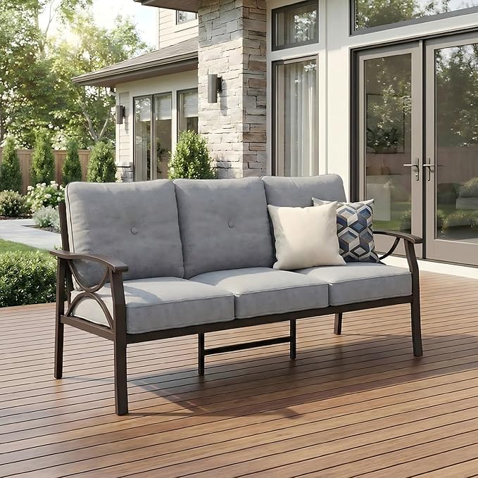 RoyalCraft Patio 3 Seats Sofa, All-Weather Outdoor Couch, Patio Furniture Sofa,Khaki Metal Furniture with Gray Cushions - Photo 1