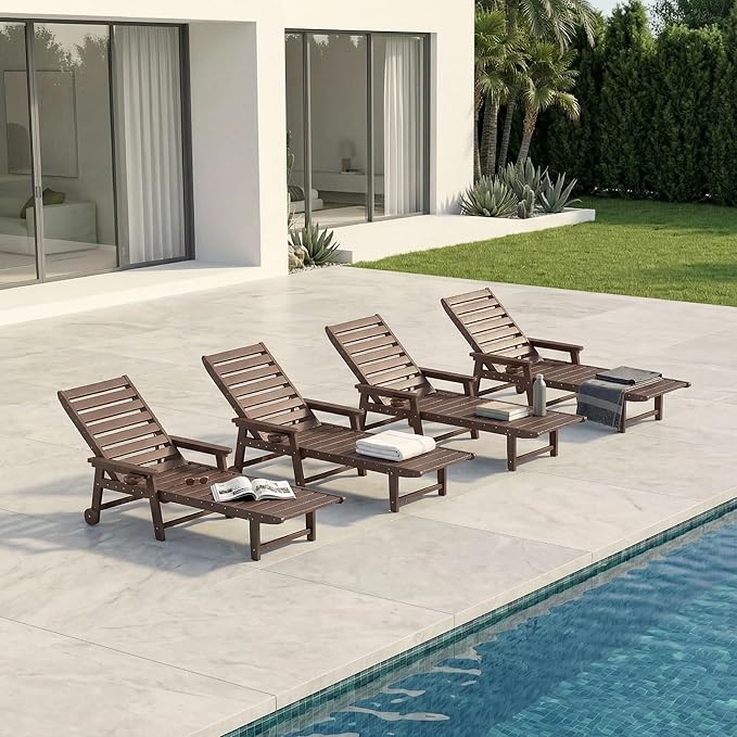 5-Position Adjustable Lounge Chair Outdoor Set of 4, HDPE Outdoor Chaise Lounge with Cup Holder & Wheels, Pool Lounge Chairs for Poolside, Beach, Deck, Brown