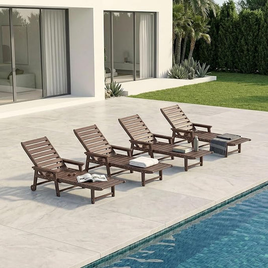 5-Position Adjustable Lounge Chair Outdoor Set of 4, HDPE Outdoor Chaise Lounge with Cup Holder & Wheels, Pool Lounge Chairs for Poolside, Beach, Deck, Brown