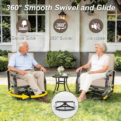 Gotland 5 Piece Patio Set, Aluminum Outdoor Swivel Chairs Set of 2 with 2 Ottoman 5.1’’ High-Resilience Seat Cushions Tempered Glass Coffee Table Removable Cushions, Metal Patio Furniture Set, Khaki
