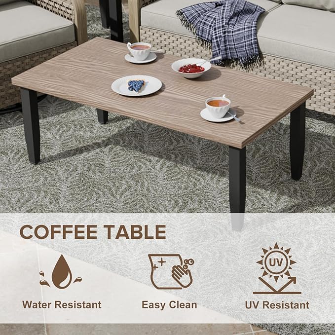 COOS BAY Modern Outdoor Table, Patio Coffee Table with Wood Grain Top, Metal Weather-Resistant Table for Deck, Porch, Balcony, Garden, 47.2" x 23.6" x 16.5", Brown