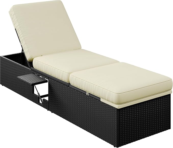 Yaheetech Outdoor PE Wicker Chaise Lounge Chair, Patio Black Rattan Reclining Chair with Adjustable Backrest and Folding Table, Outdoor Recliners for Patio Beach Pool Backyard