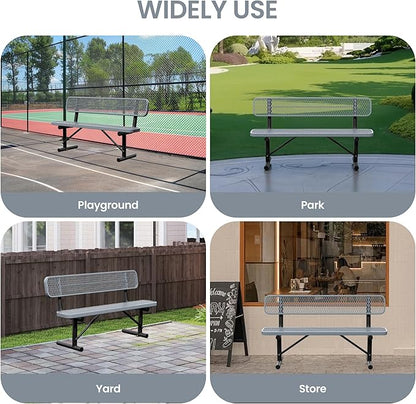 6 Feet Steel Park Bench for Outside, Outdoor Bench with Backrest & Portable Frame, Commercial Benches for Shopping Malls, Stores, Parks, Patios, Decks, Grey