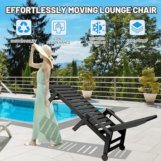 Outdoor Lounge Chairs, 78'' Long Patio Lounge Chair HDPE 5-Position Adjustable with Cup Holder & Rolling Wheels, Pool Lounge Chair for Sunbathing Tanning, Deck, Poolside -Black