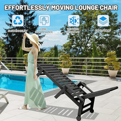Outdoor Lounge Chairs, 78'' Long Patio Lounge Chair HDPE 5-Position Adjustable with Cup Holder & Rolling Wheels, Pool Lounge Chair for Sunbathing Tanning, Deck, Poolside -Black