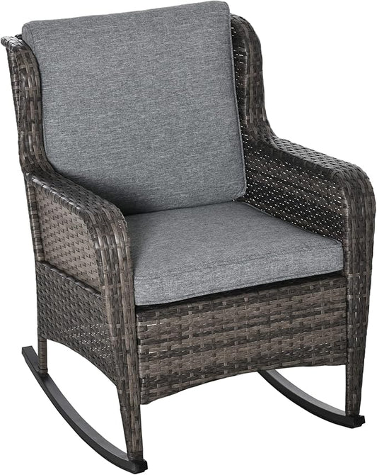 Outsunny Outdoor Wicker Rocking Chair with Wide Seat, Thick Cushions, Rattan Rocker with Steel Frame, High Weight Capacity for Patio, Garden, Backyard, Dark Gray