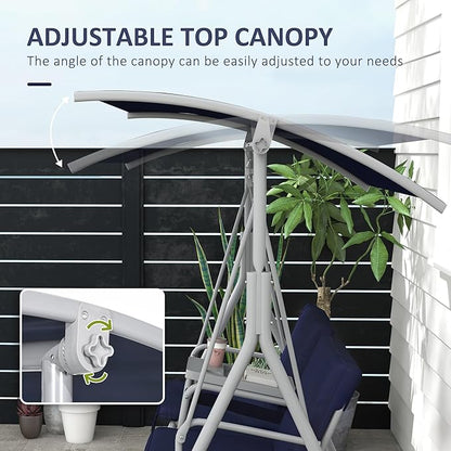 Outsunny 2 Person Porch Swing with Stand, Outdoor Swing with Canopy, Pivot Storage Table, 2 Cup Holders, Cushions for Patio, Backyard, Dark Blue