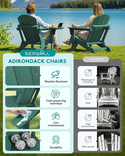 SERWALL Folding Adirondack Chair Set of 2, HIPS Adirondack Chairs with 4 in 1 Cup Holder, Weather Resistant Plastic Chairs for Patio Garden Outdoors Fire Pit - Green